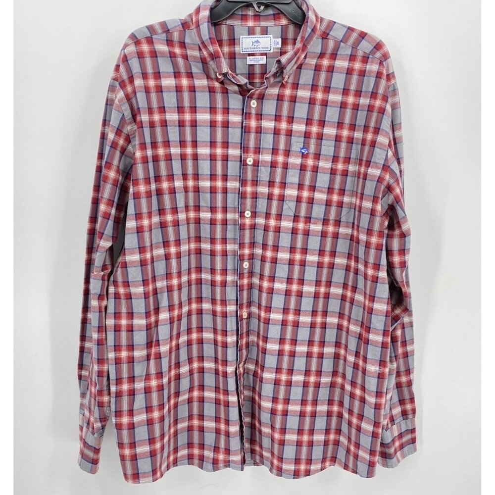 Southern Tide Classic Fit Button Down Shirt Red Blue Plaid Cotton Blend Mens XL